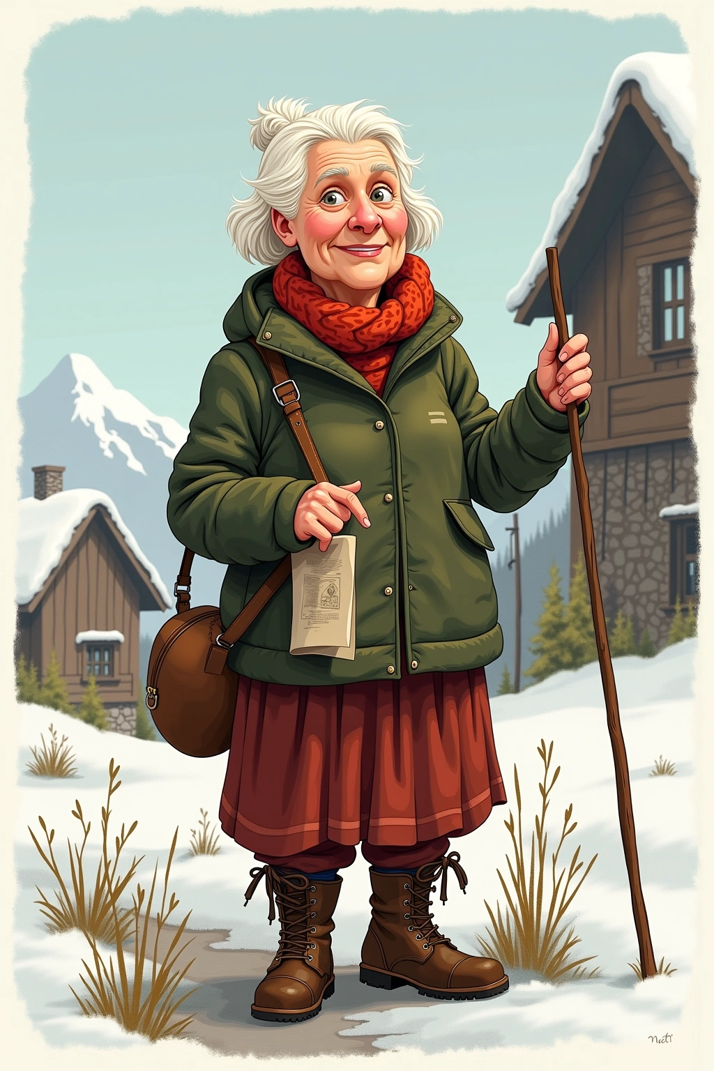 Håndtegnet profilillustrasjon av Elinor Skavhaug, en fiktiv person i Bakomberg-universet.