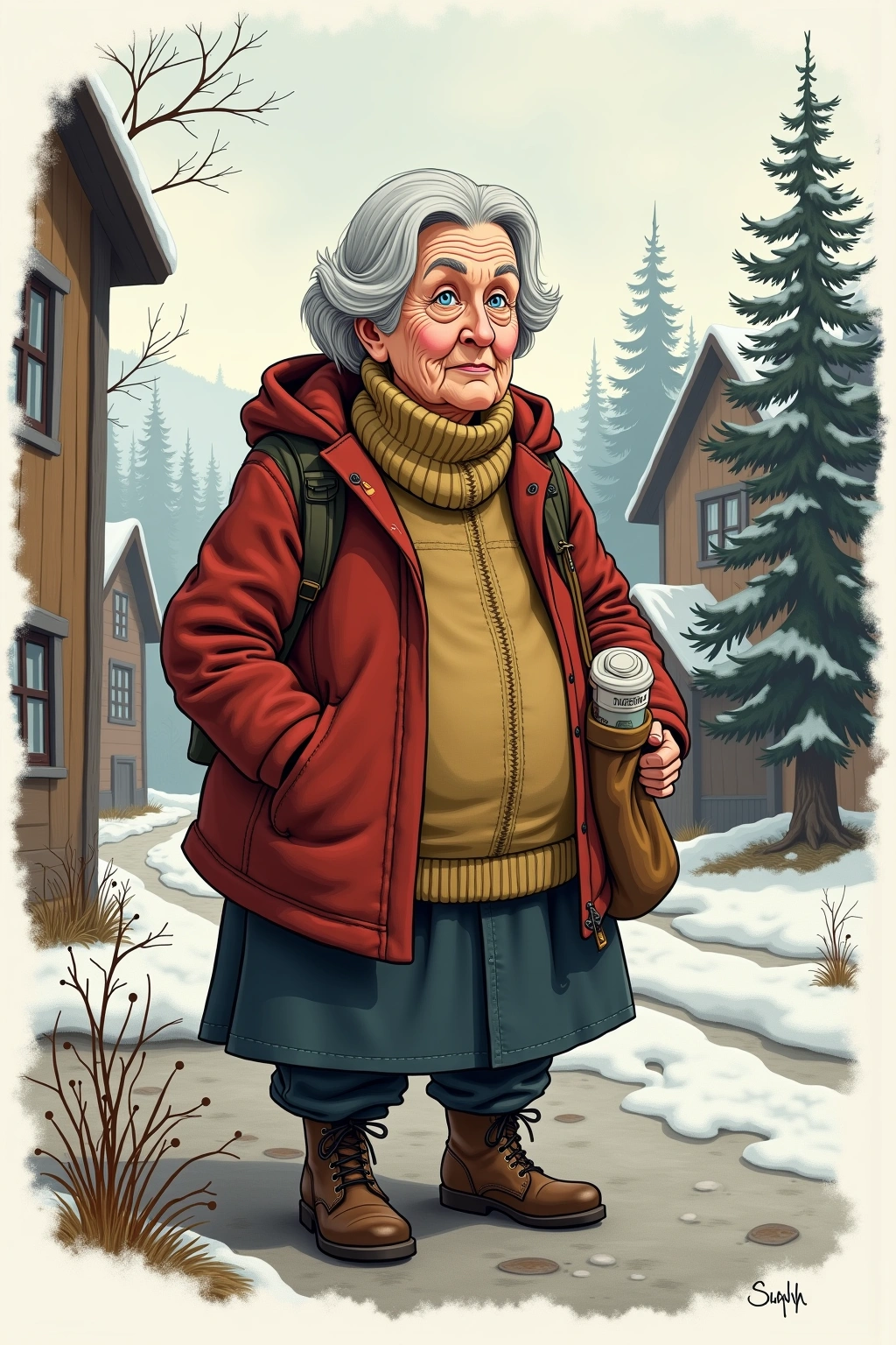 Håndtegnet profilillustrasjon av Gudrun Kjelsvik, en fiktiv person i Bakomberg-universet.