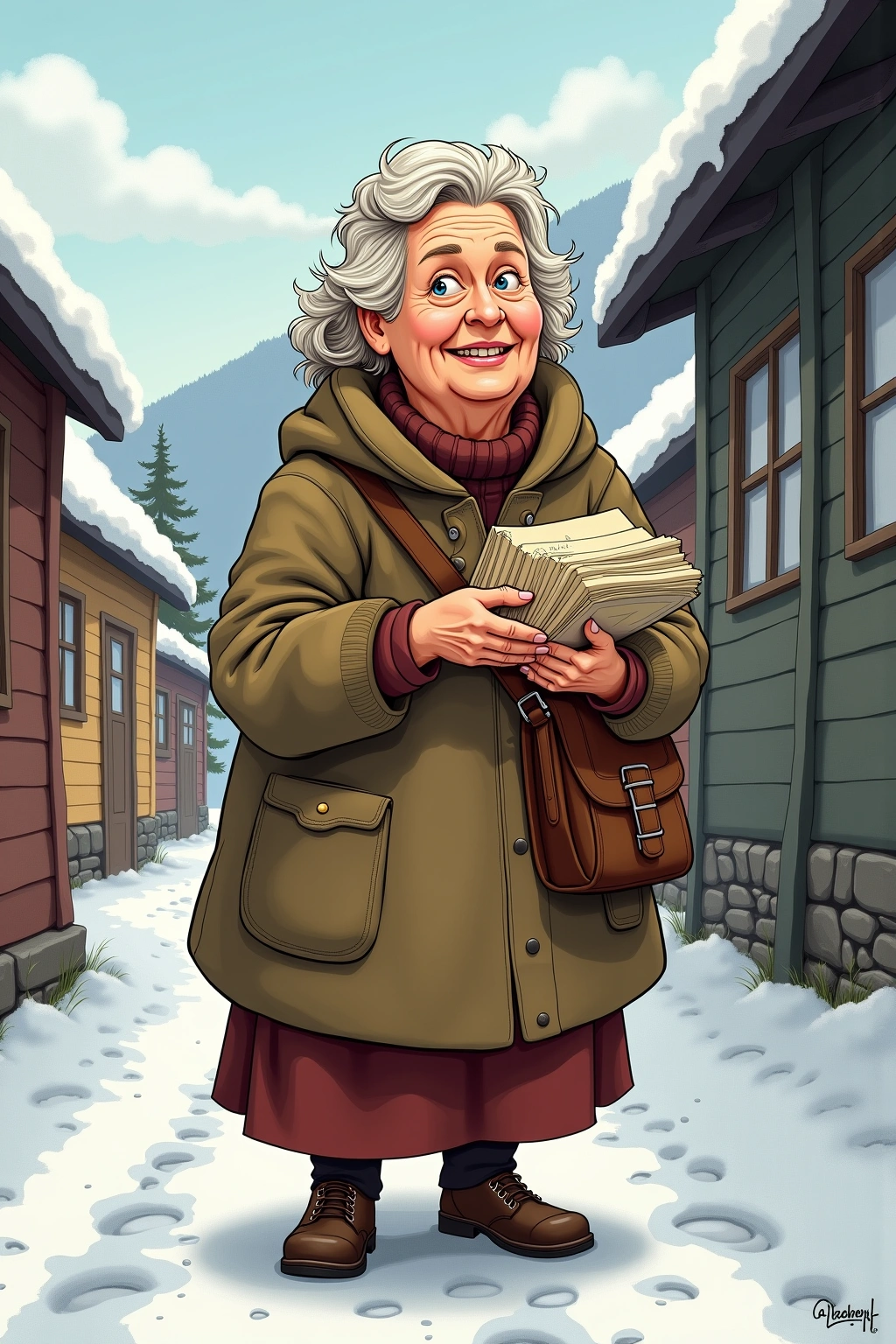 Håndtegnet profilillustrasjon av Karin Myrfløtt, en fiktiv person i Bakomberg-universet.