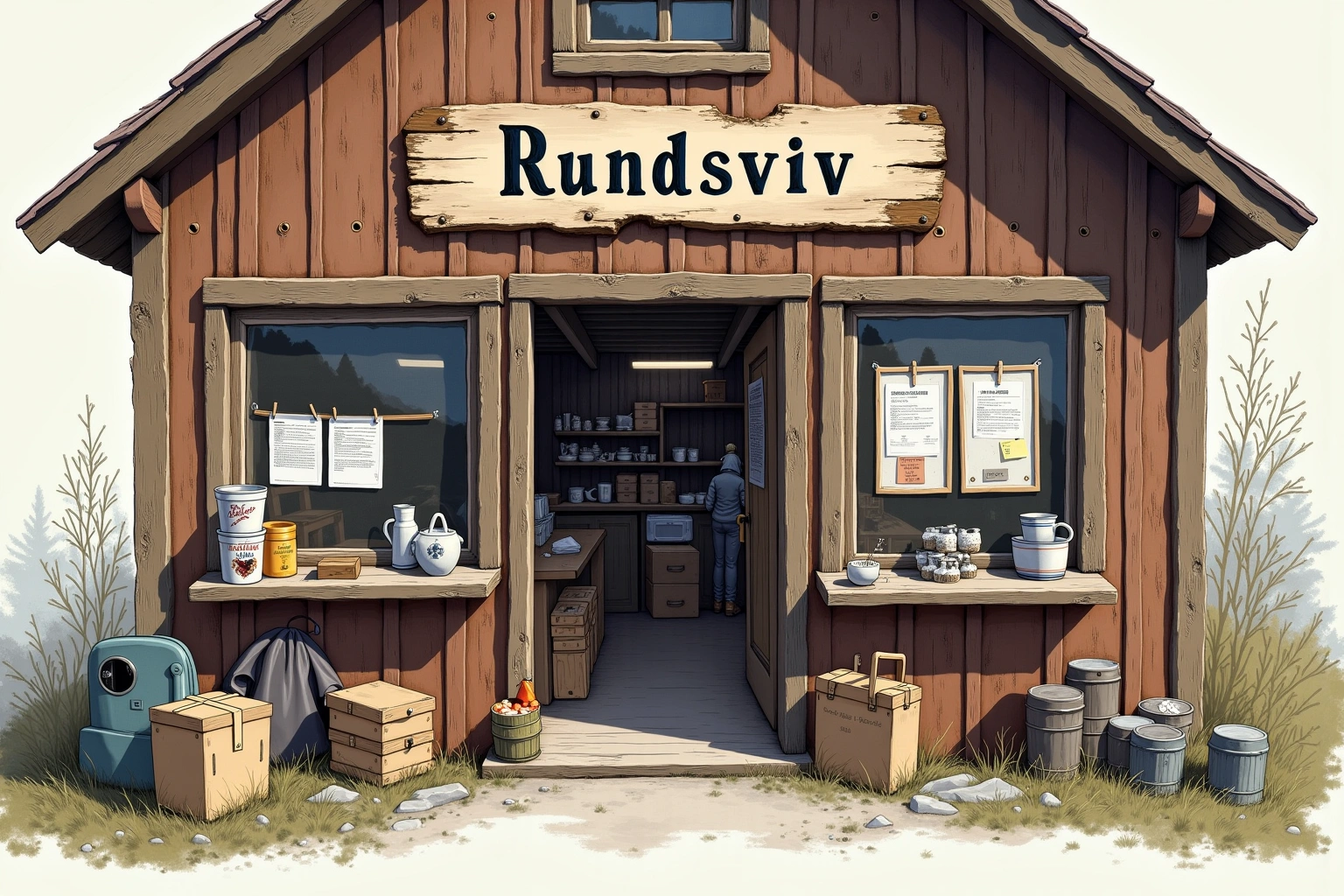 Håndtegnet illustrasjon av Rundsviv Reservehender & Arbeidsbord, en fiktiv lokal bedrift i Bakomberg-universet.