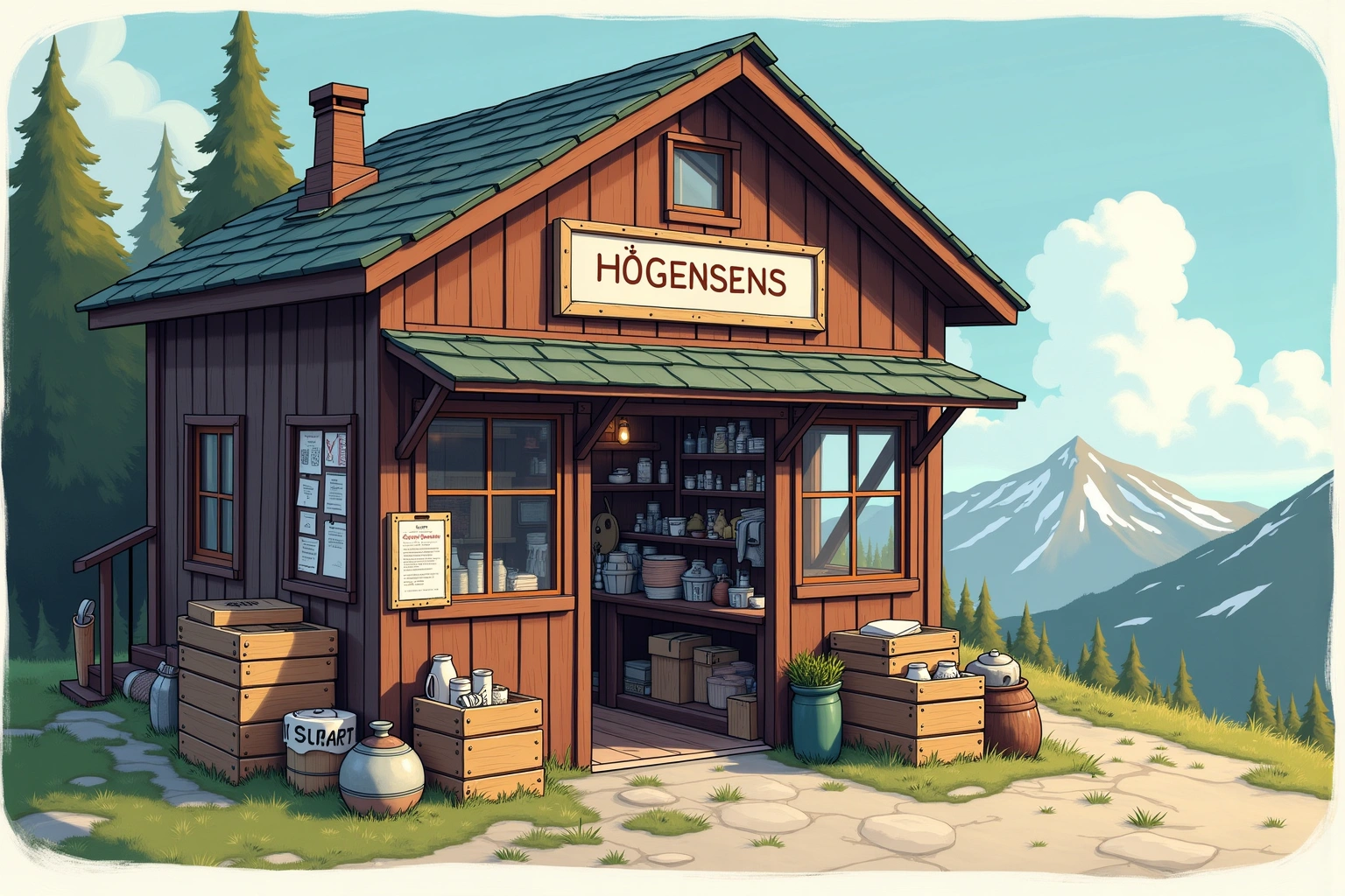 Håndtegnet illustrasjon av Hågensens Nød- og Reservehandel, en fiktiv lokal bedrift i Bakomberg-universet.