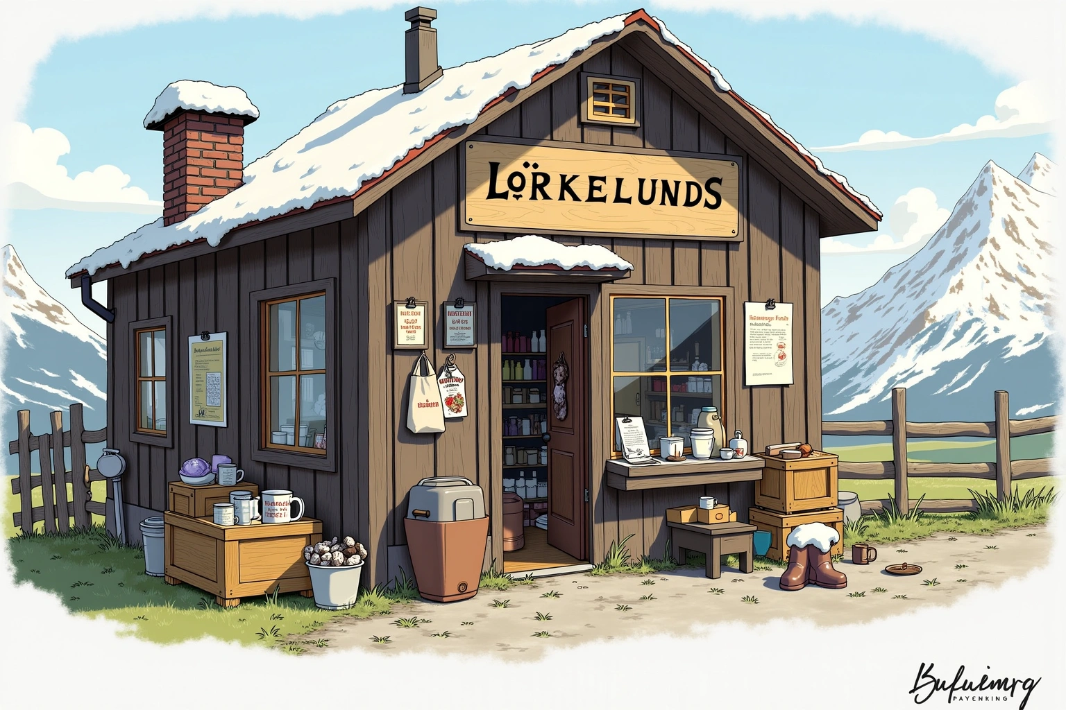 Håndtegnet illustrasjon av Bjørkelunds Lokk & Luker, en fiktiv lokal bedrift i Bakomberg-universet.