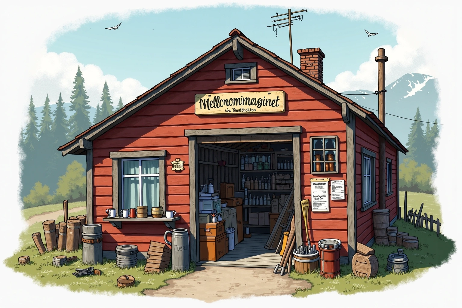 Håndtegnet illustrasjon av Mellomromsmagasinet ved Brustadbakken, en fiktiv lokal bedrift i Bakomberg-universet.