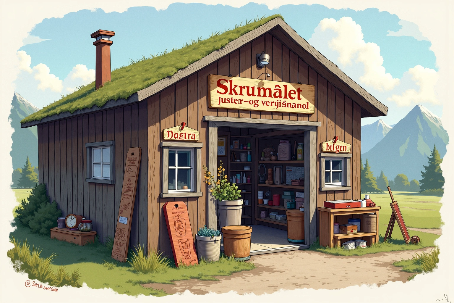 Håndtegnet illustrasjon av Skrumålet Juster- og Avvikshandel, en fiktiv lokal bedrift i Bakomberg-universet.