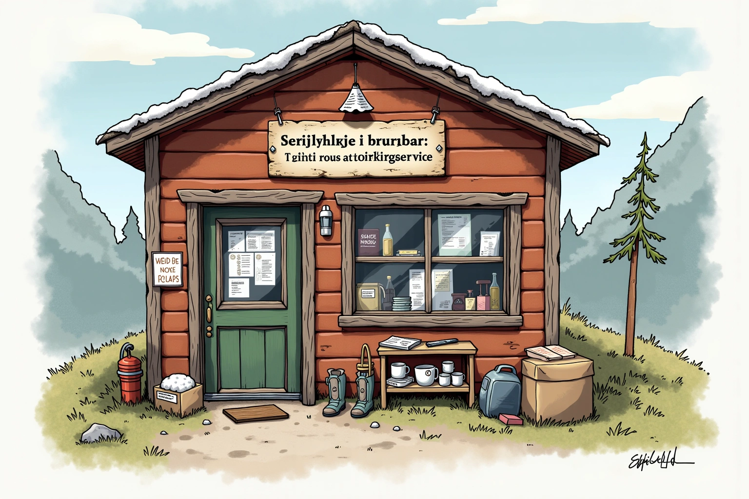 Håndtegnet illustrasjon av Speilvendt Suppebar & Nøkkelservice, en fiktiv lokal bedrift i Bakomberg-universet.