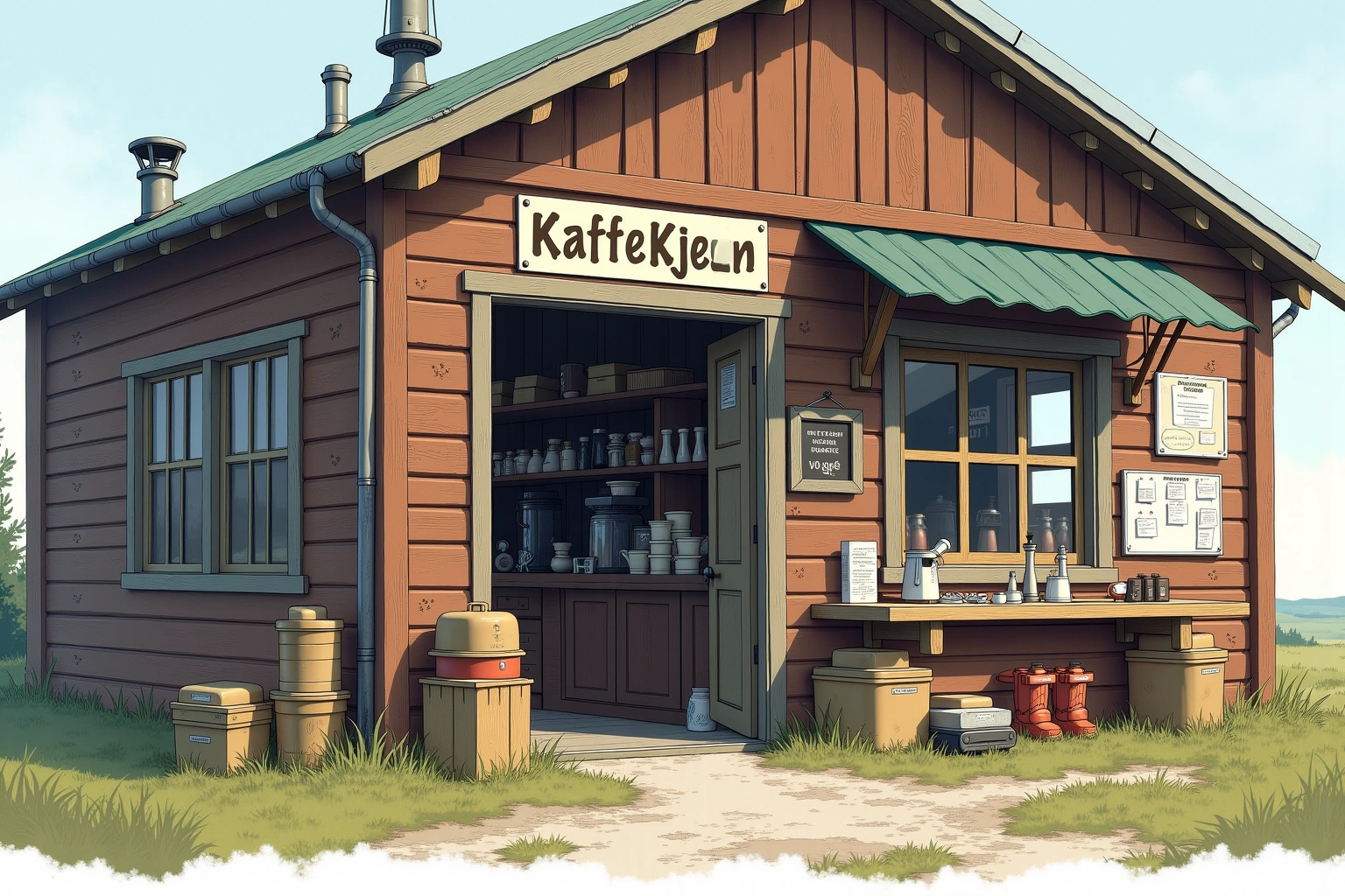 Håndtegnet illustrasjon av Kaffekjelen som Piper, en fiktiv lokal bedrift i Bakomberg-universet.