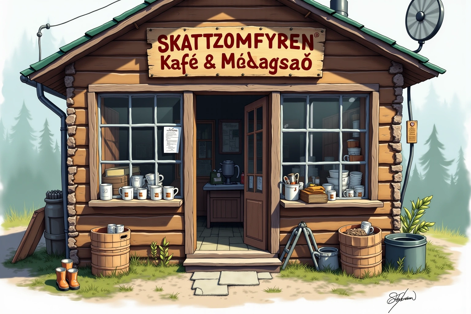 Håndtegnet illustrasjon av Skrattkomfyren Kafé & Middagsro, en fiktiv lokal bedrift i Bakomberg-universet.