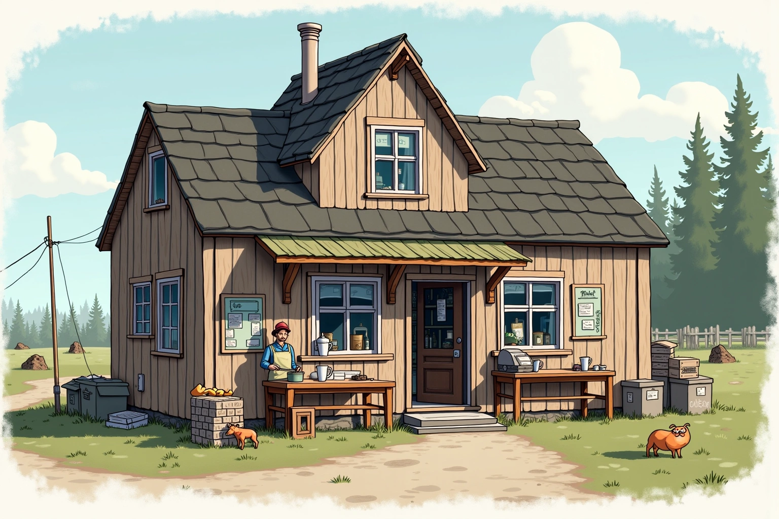 Håndtegnet illustrasjon av Mellomrommet Kafé og Brunsauslaboratorium, en fiktiv lokal bedrift i Bakomberg-universet.