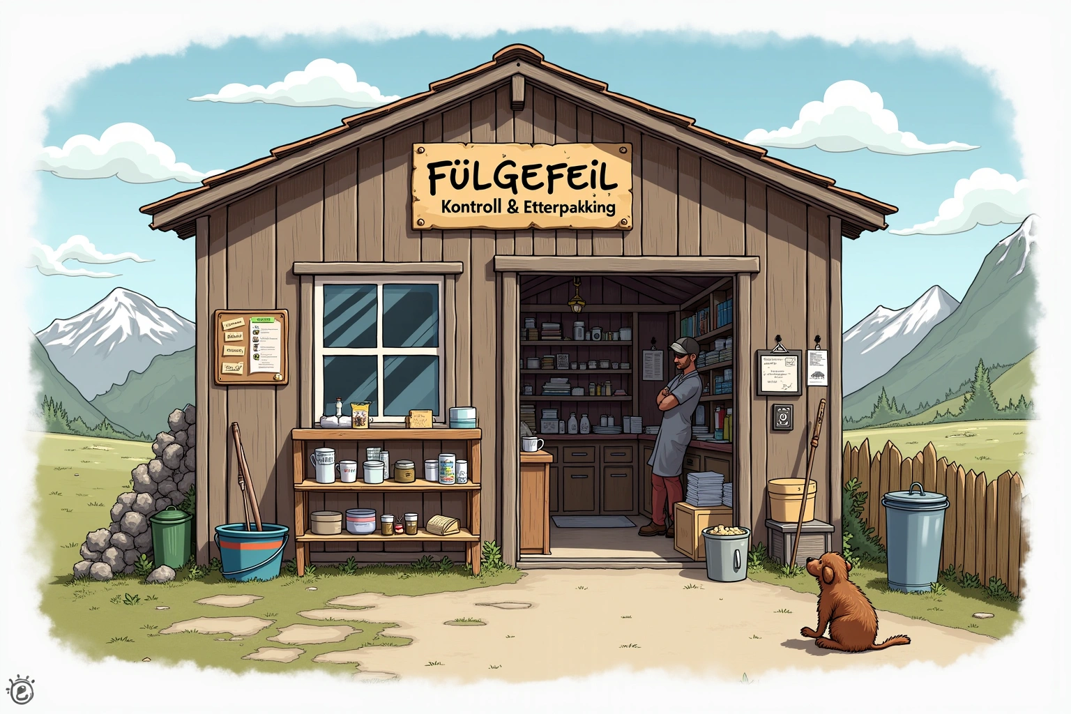 Håndtegnet illustrasjon av Følgefeil Kontroll & Etterpakking, en fiktiv lokal bedrift i Bakomberg-universet.