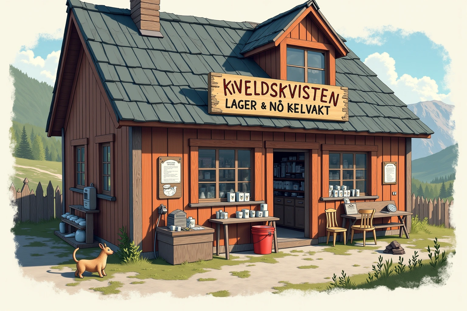 Håndtegnet illustrasjon av Kveldskvisten Lager & Nøkkelvakt, en fiktiv lokal bedrift i Bakomberg-universet.