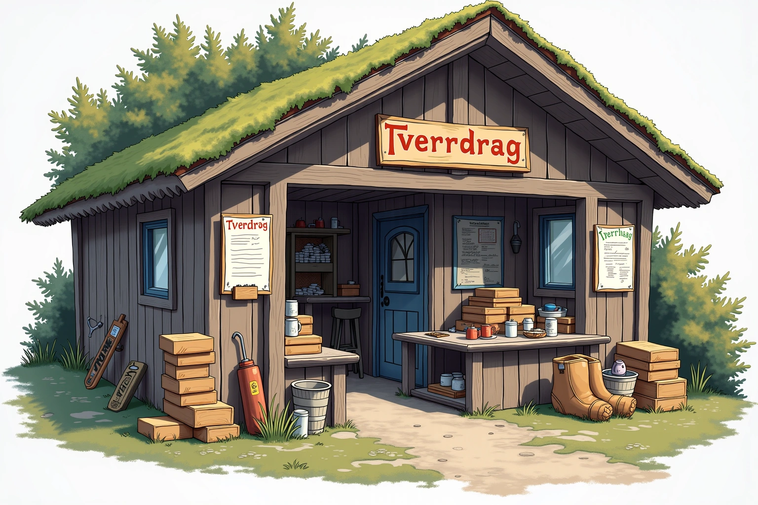 Håndtegnet illustrasjon av Tverrdrag Etikett & Etterlysning, en fiktiv lokal bedrift i Bakomberg-universet.