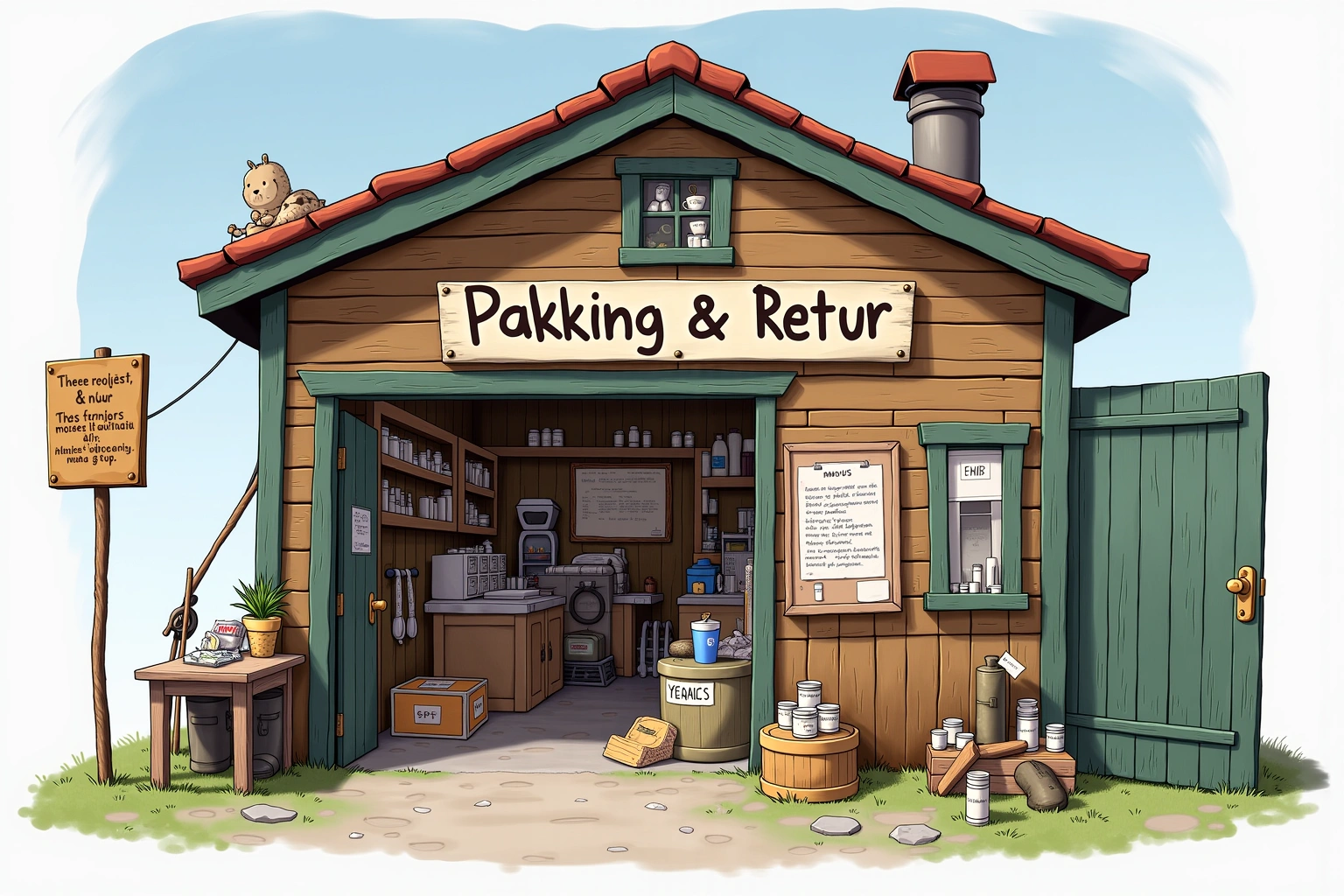 Håndtegnet illustrasjon av Trinnvis Pakking & Retur, en fiktiv lokal bedrift i Bakomberg-universet.