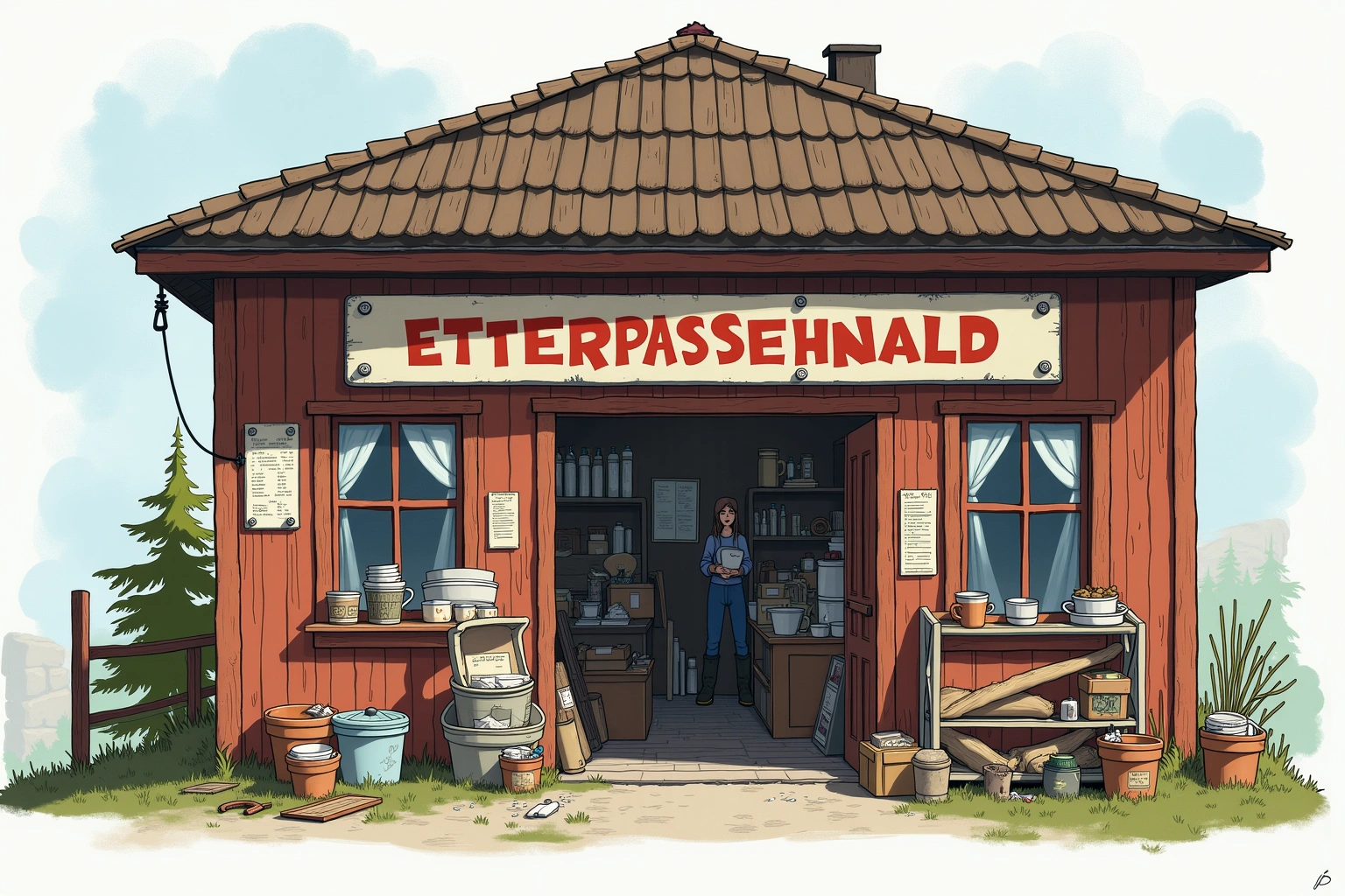 Håndtegnet illustrasjon av Tråsnæs Etterpasshandel, en fiktiv lokal bedrift i Bakomberg-universet.