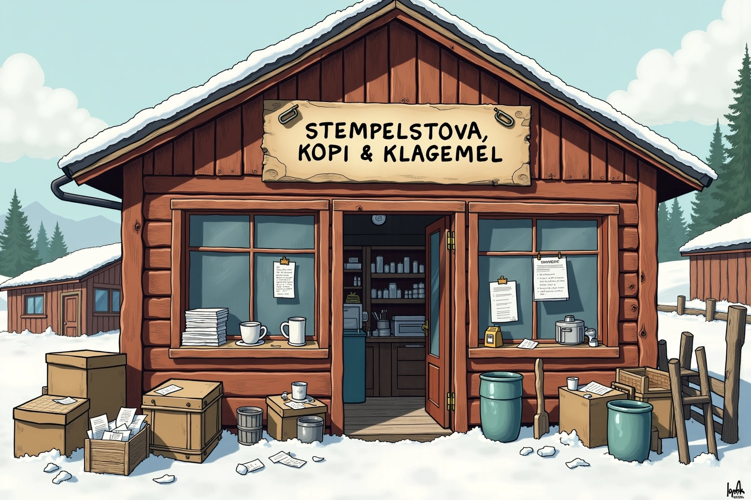 Håndtegnet illustrasjon av Stempelstova Kopi & Klagemål, en fiktiv lokal bedrift i Bakomberg-universet.