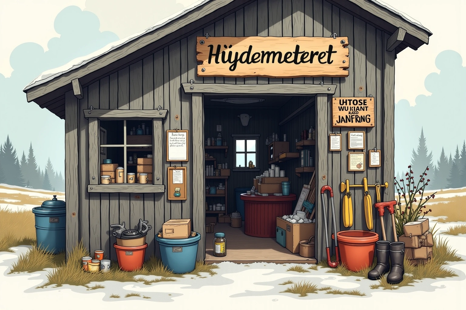 Håndtegnet illustrasjon av Høydemeteret Utleige & Undring, en fiktiv lokal bedrift i Bakomberg-universet.