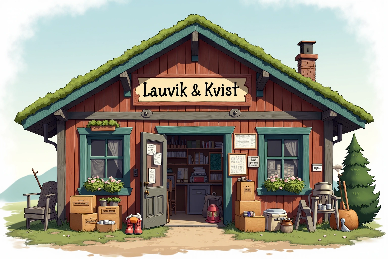 Håndtegnet illustrasjon av Lauvvik Kvist & Kaffi, en fiktiv lokal bedrift i Bakomberg-universet.