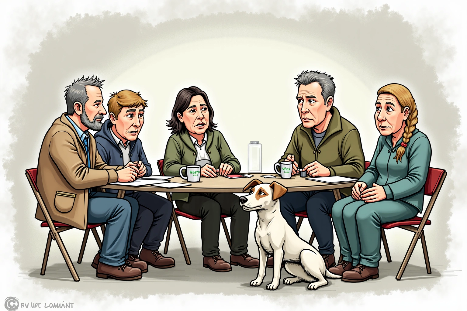 Håndtegnet illustrasjon av Bakomberg Hundeklubb for Stille Kommandoer, en fiktiv lokal forening i Bakomberg-universet.