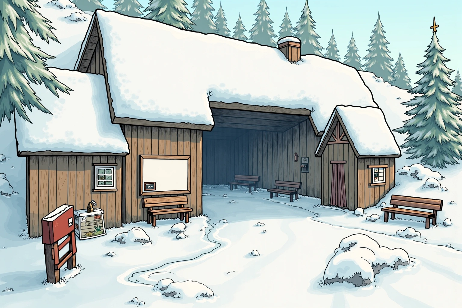 Håndtegnet miljøillustrasjon av Skjærebrettet undergang, et fiktivt sted i Bakomberg-universet.