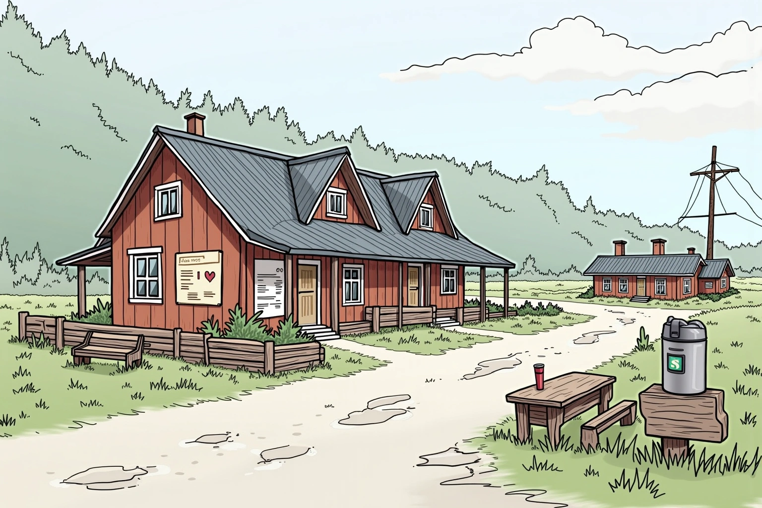 Håndtegnet miljøillustrasjon av Kaffekroken ved Pumpehuset, et fiktivt sted i Bakomberg-universet.