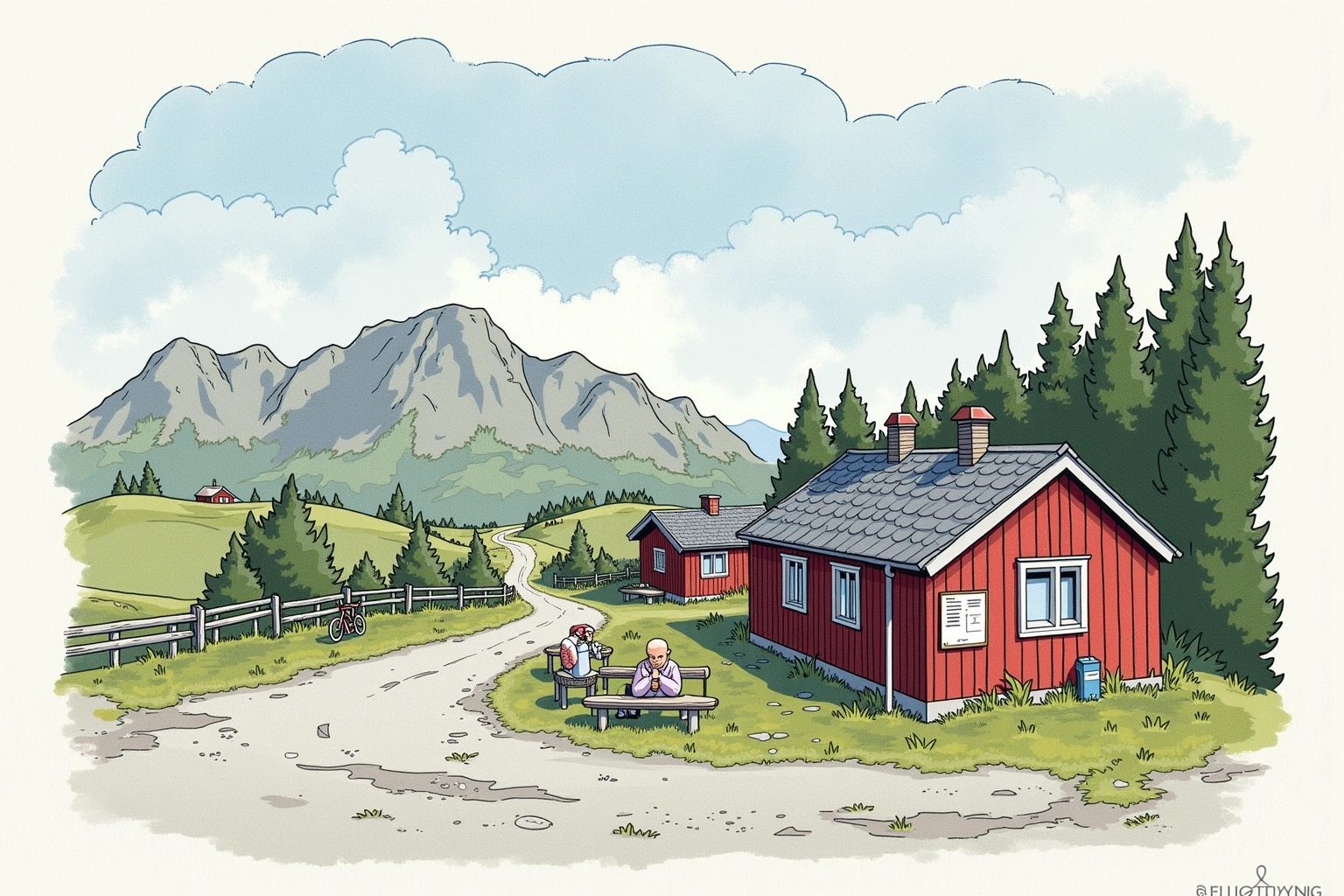 Håndtegnet miljøillustrasjon av Returbenken bak Herredshuset, et fiktivt sted i Bakomberg-universet.