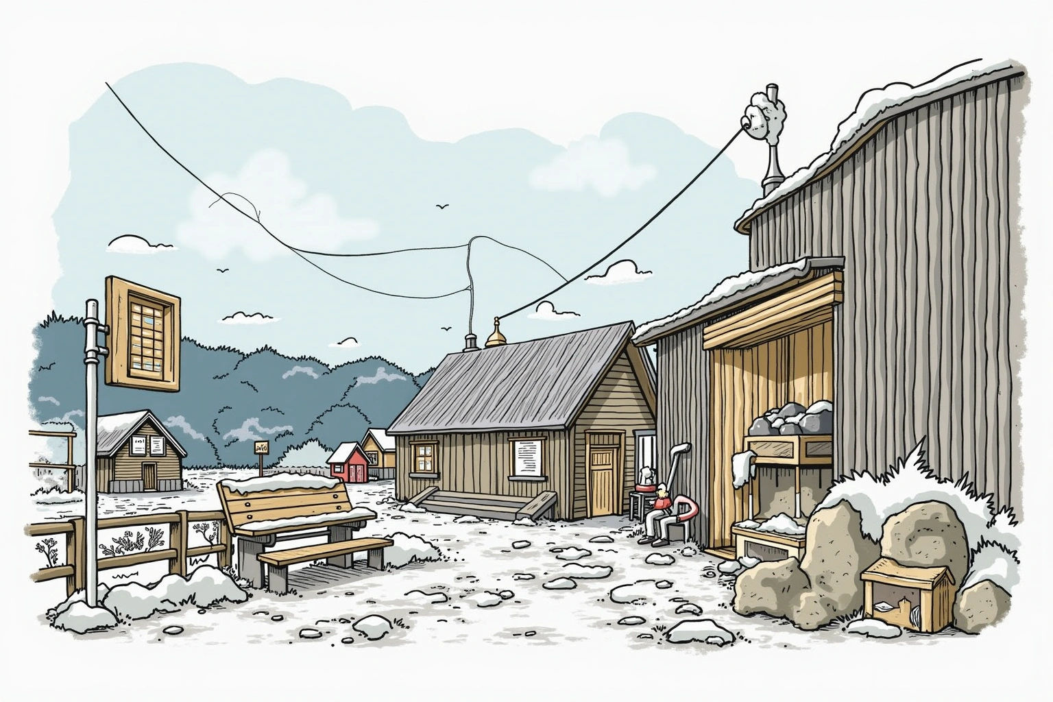 Håndtegnet miljøillustrasjon av Dampgløttet bak Vaskeribygget, et fiktivt sted i Bakomberg-universet.