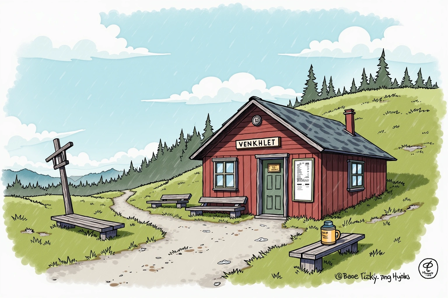 Håndtegnet miljøillustrasjon av Klukkhølet Ventehus, et fiktivt sted i Bakomberg-universet.