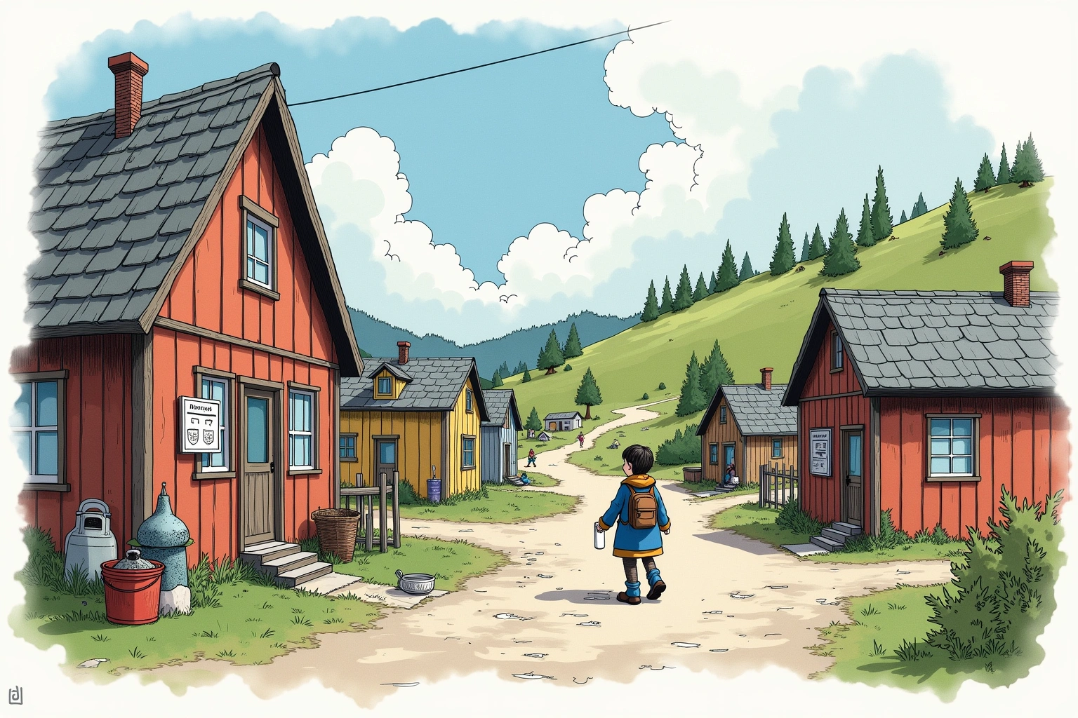 Håndtegnet redaksjonell illustrasjon til artikkelen Varselskiltstua kan få nytt oppdrag: Skal forklare hvor sentrum ikke ligger i det fiktive Bakomberg-universet.