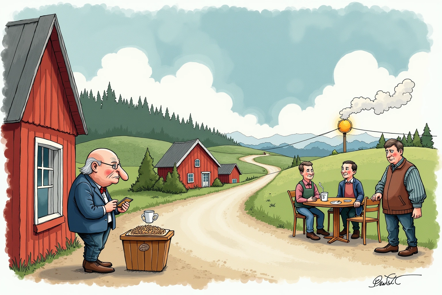 Håndtegnet redaksjonell illustrasjon til artikkelen Gammel liste ved Kaffekroken setter bygdas hukommelse i arbeid i det fiktive Bakomberg-universet.