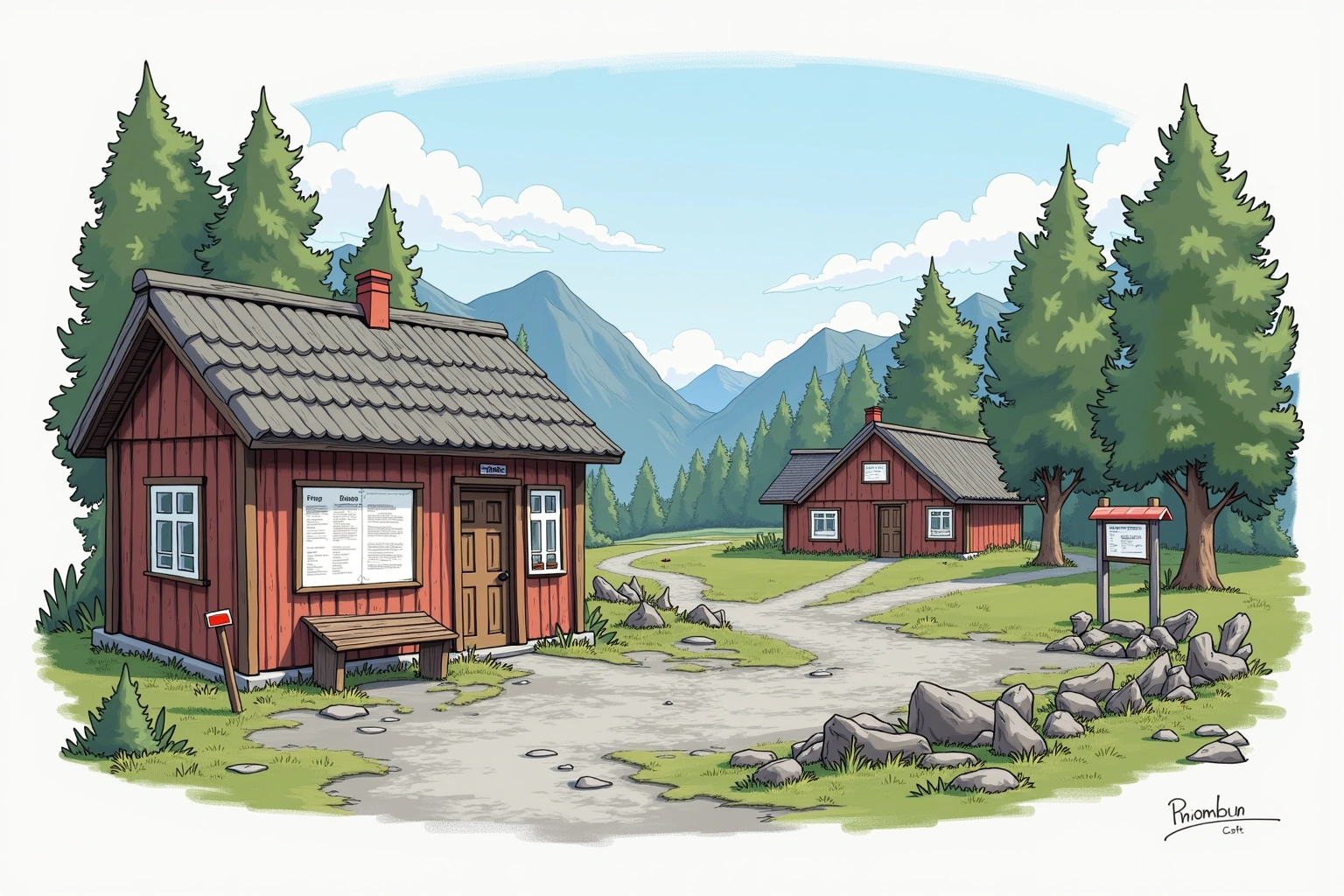 Håndtegnet miljøillustrasjon av Ventelomma med Hjertestolpen, et fiktivt sted i Bakomberg-universet.
