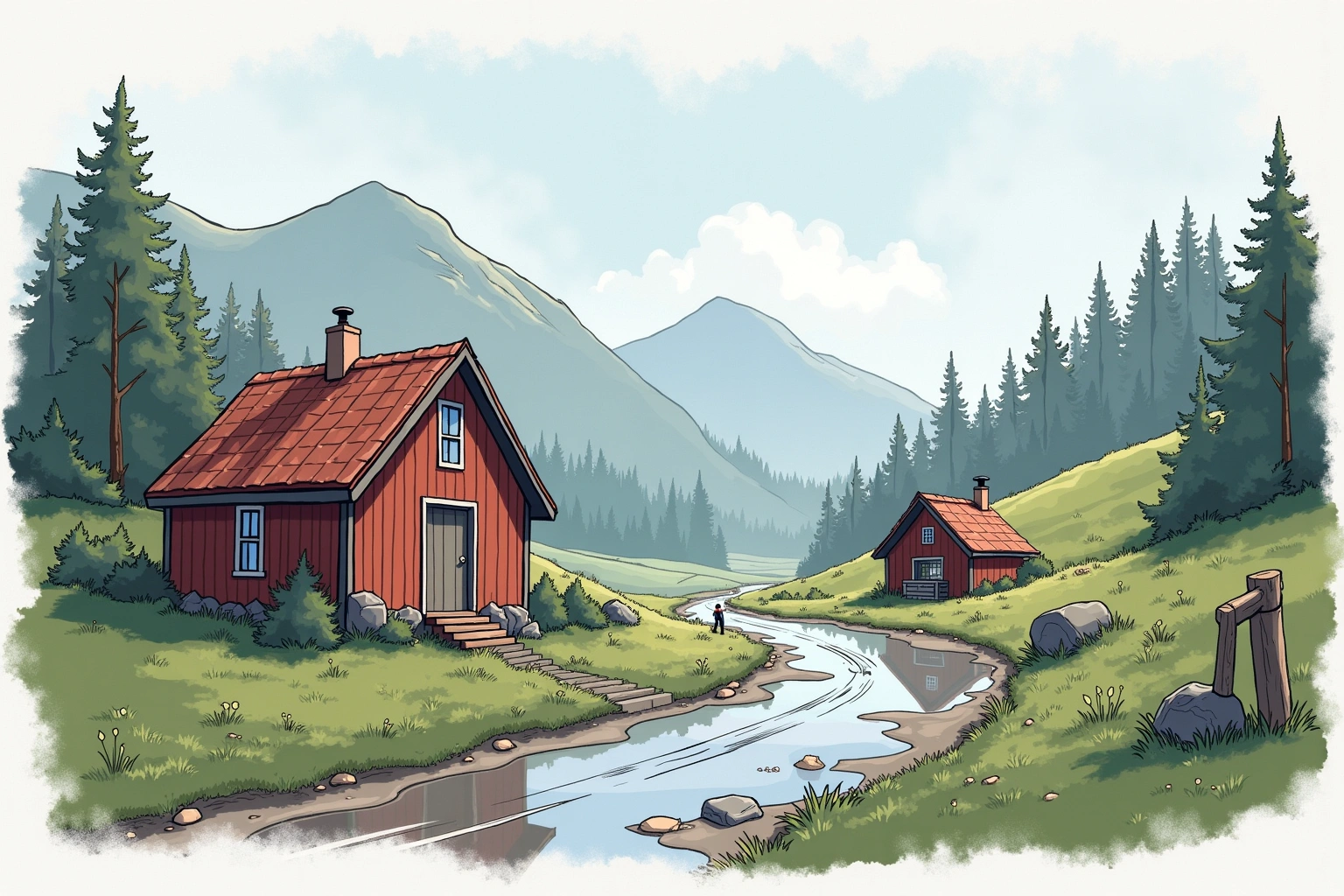 Håndtegnet miljøillustrasjon av Kysseskiltet ved ferjeleiet, et fiktivt sted i Bakomberg-universet.