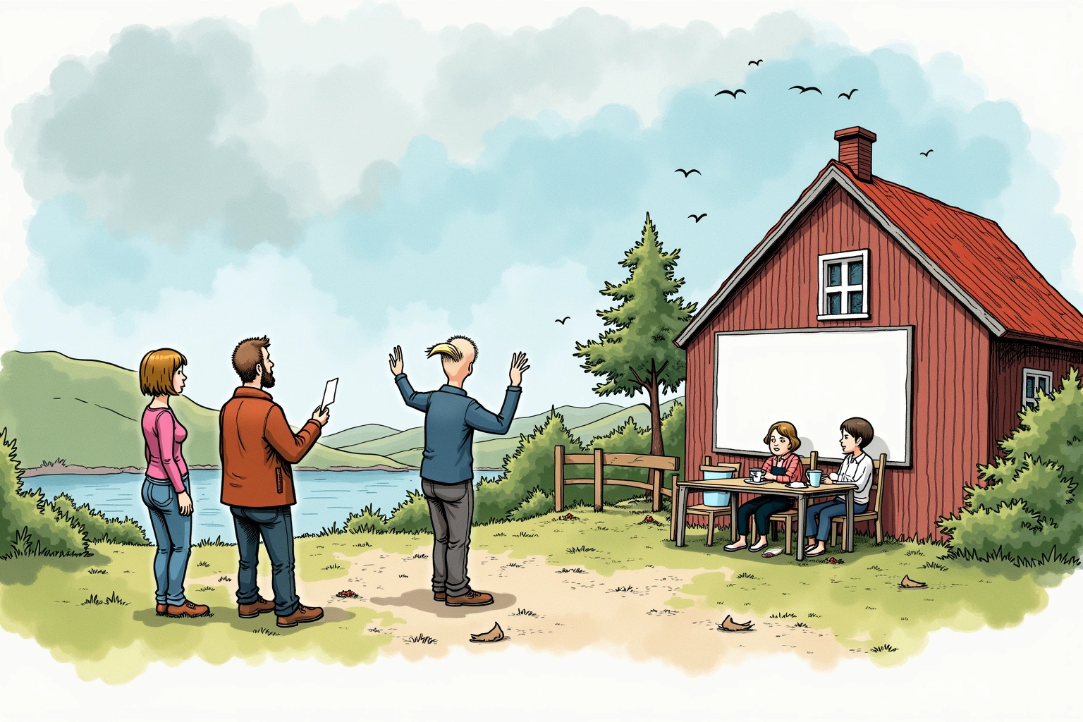 Håndtegnet redaksjonell illustrasjon til artikkelen Whiteboarden som gjorde budruta til bygdesak i det fiktive Bakomberg-universet.