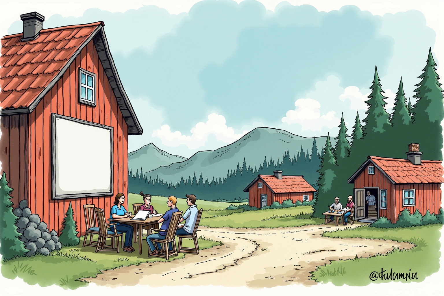 Håndtegnet redaksjonell illustrasjon til artikkelen Whiteboarden som gjorde budruta til bygdesak i det fiktive Bakomberg-universet.