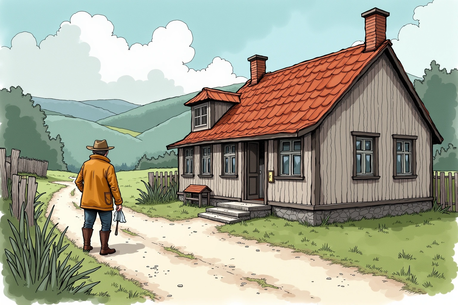 Håndtegnet redaksjonell illustrasjon til artikkelen Kaffekoppen, lappen og spørsmålet ingen ville sette på sakskartet i det fiktive Bakomberg-universet.