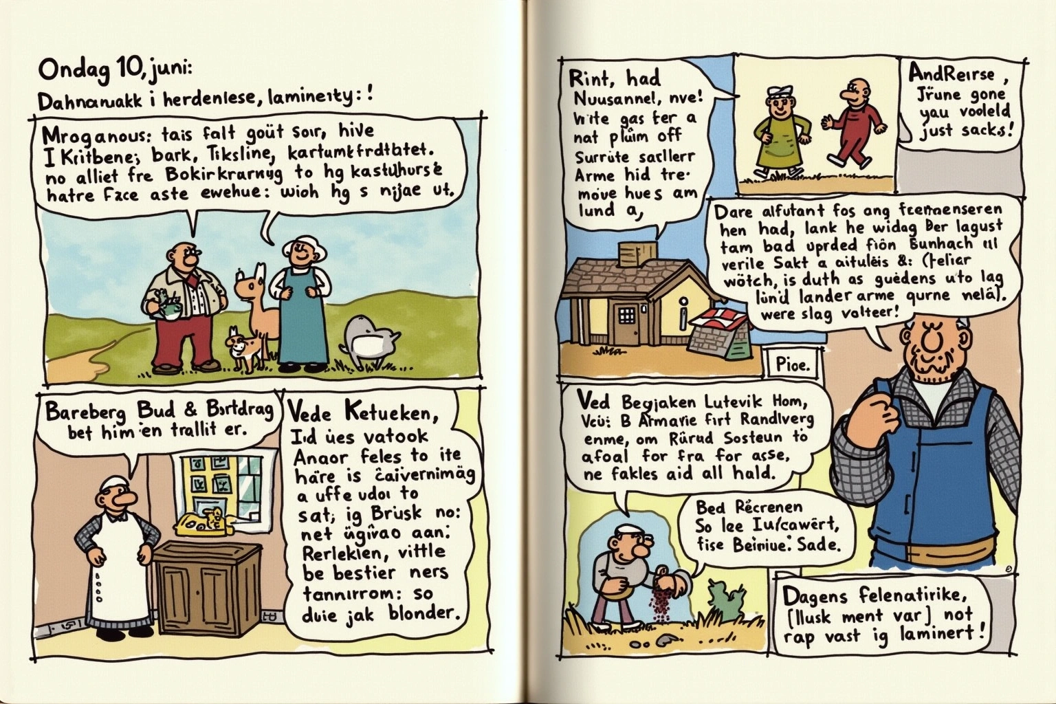 Illustrasjon til Almanakk og hendelse om Onsdag 10. juni: Kritt i gangen, nøkler i omløp og skilt med selvtillit: Bakomberg våknet til tørr grus, lett sjødrag og en sentrumskjerne som allerede før klokka ni hadde tre ulike meninger om hva en tralle er.