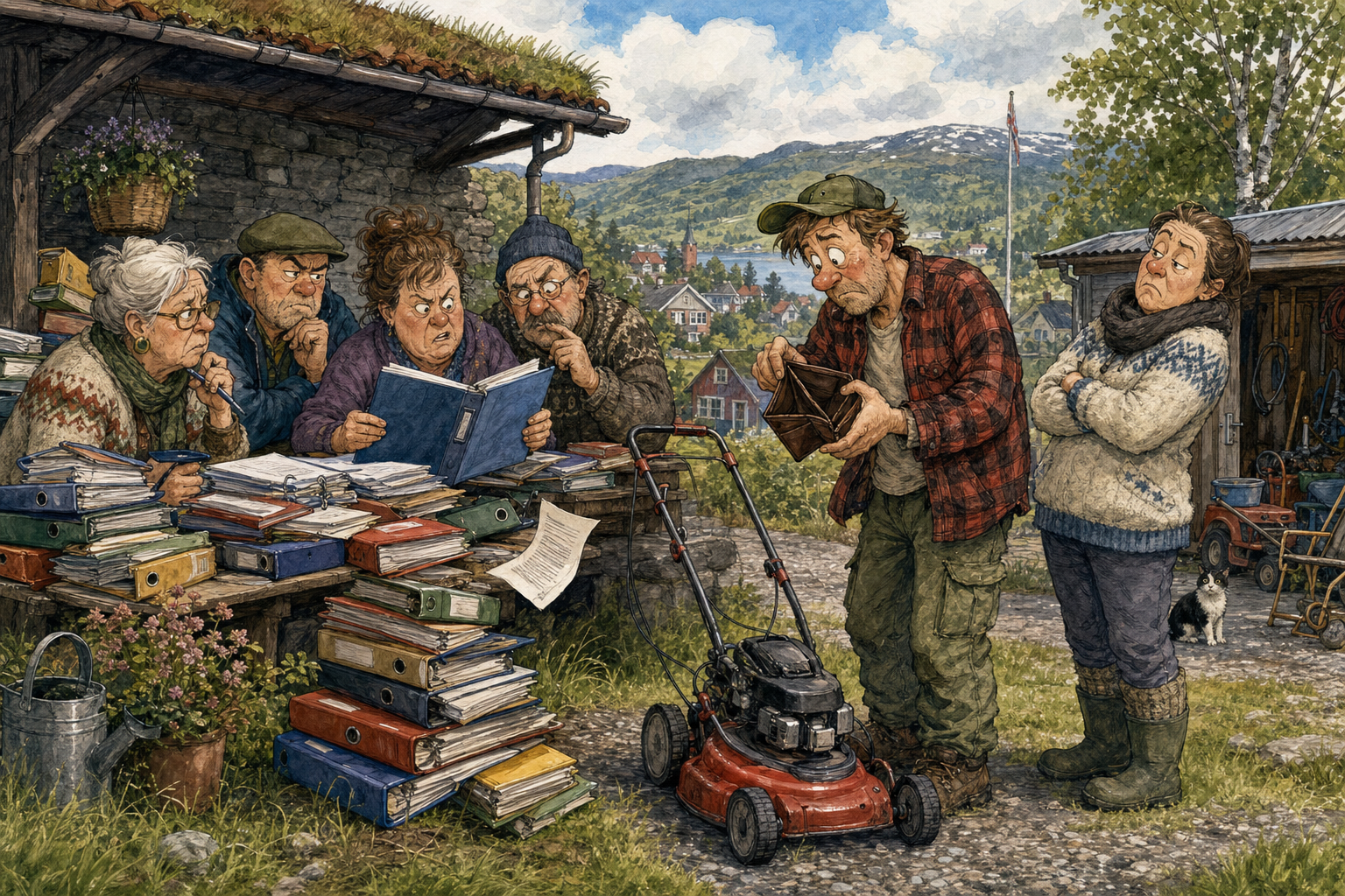 Tegnet hovedmotiv til saken Feriepengene møter plenklipperen før helga: Feriepengene er på vei inn hos mange i Bakomberg. Motivet knytter saken til Varmrista ved Bibliotekveggen, Bakomberg Hagelag for Hardføre Planter og Såre Følelser og Skurum Skift & Småreparasjon.