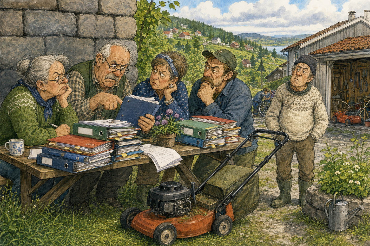 Tegnet støttemotiv til saken Feriepengene møter plenklipperen før helga: Feriepengene er på vei inn hos mange i Bakomberg. Motivet knytter saken til Varmrista ved Bibliotekveggen, Bakomberg Hagelag for Hardføre Planter og Såre Følelser og Skurum Skift & Småreparasjon.