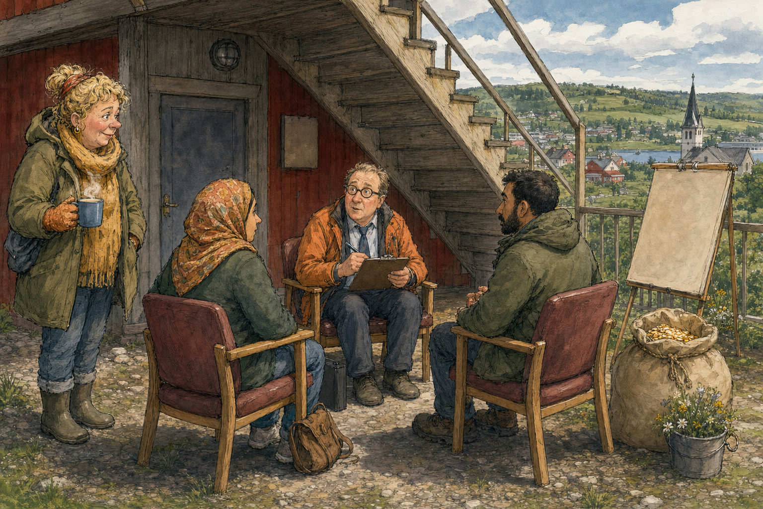 Tegnet hovedmotiv til saken Millionordning skal kartlegges i rommet med tre stoler: Bakomberg starter ny kartlegging av flyktninger etter en mottaks- og bosettingsordning med millionramme. Motivet knytter saken til Rakel Stubbmoen og Skrårommet under Samfunnshustrappa.