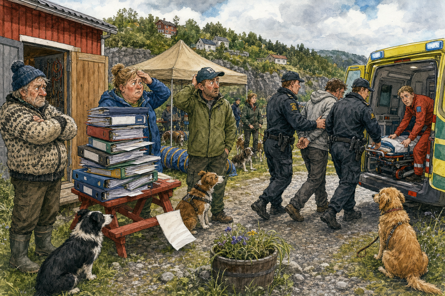 Tegnet hovedmotiv til saken Varetekten ble stående – kort tid etter ble person fraktet til sykehus: Lagmannsretten opprettholdt varetekten for en person med tilknytning til et lokalt lagsarrangement i Bakomberg. Motivet knytter saken til Krittgangen bak Servicekvartalet, Bakomberg Hundelag for Korte Avstander og Rundsviv Reservehender & Arbeidsbord.