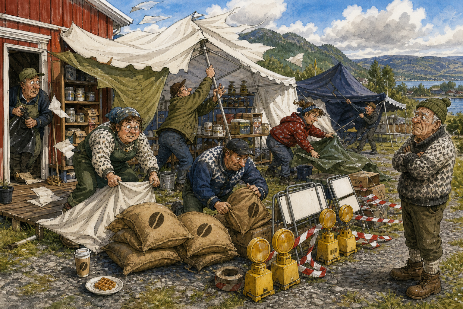 Tegnet hovedmotiv til saken Bakombergdagene åpnet i sol og sidevind: Bakombergdagene startet i sol, men en utholdende sidevind gjorde åpningsdagen travel for utstillerne. Motivet knytter saken til Hågensens Nød- og Reservehandel, Lauvvik Kvist & Kaffi og Bakomberg Sanitetslag for Milde Tilfeller.