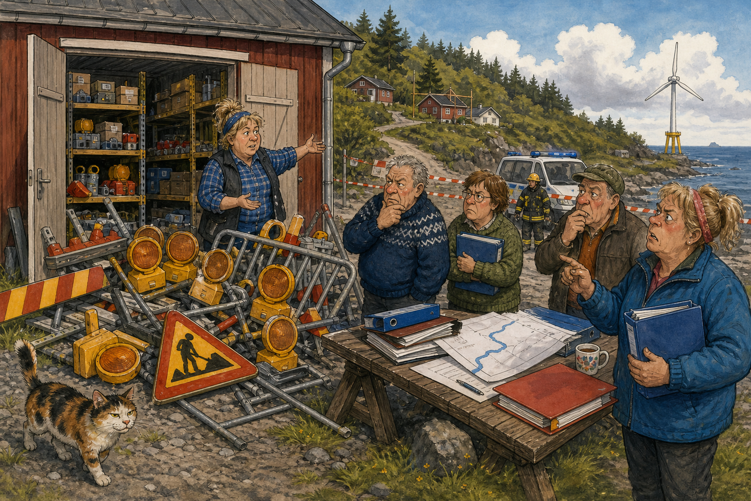 Tegnet hovedmotiv til saken Havvindbremsen traff reol tre hos Skuffefunn: Skuffefunn & Etterlatenskaper A/S hadde merket av plass til smådeler knyttet til et havvindoppdrag langs kysten.