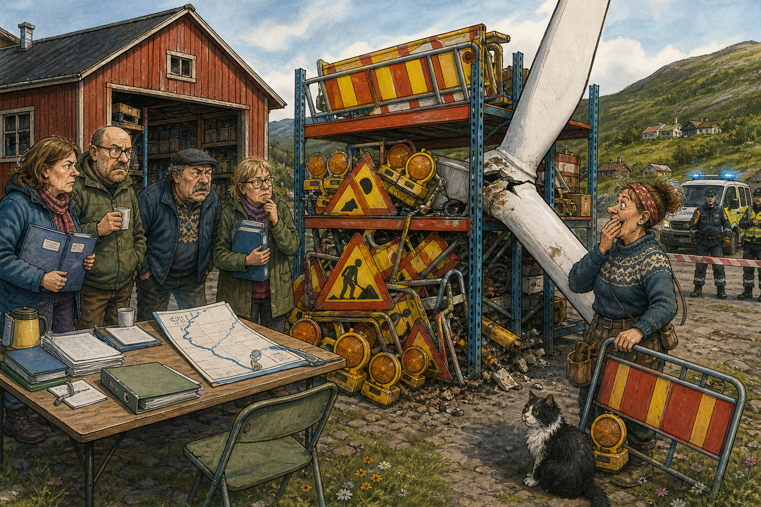 Tegnet støttemotiv til saken Havvindbremsen traff reol tre hos Skuffefunn: Skuffefunn & Etterlatenskaper A/S hadde merket av plass til smådeler knyttet til et havvindoppdrag langs kysten.