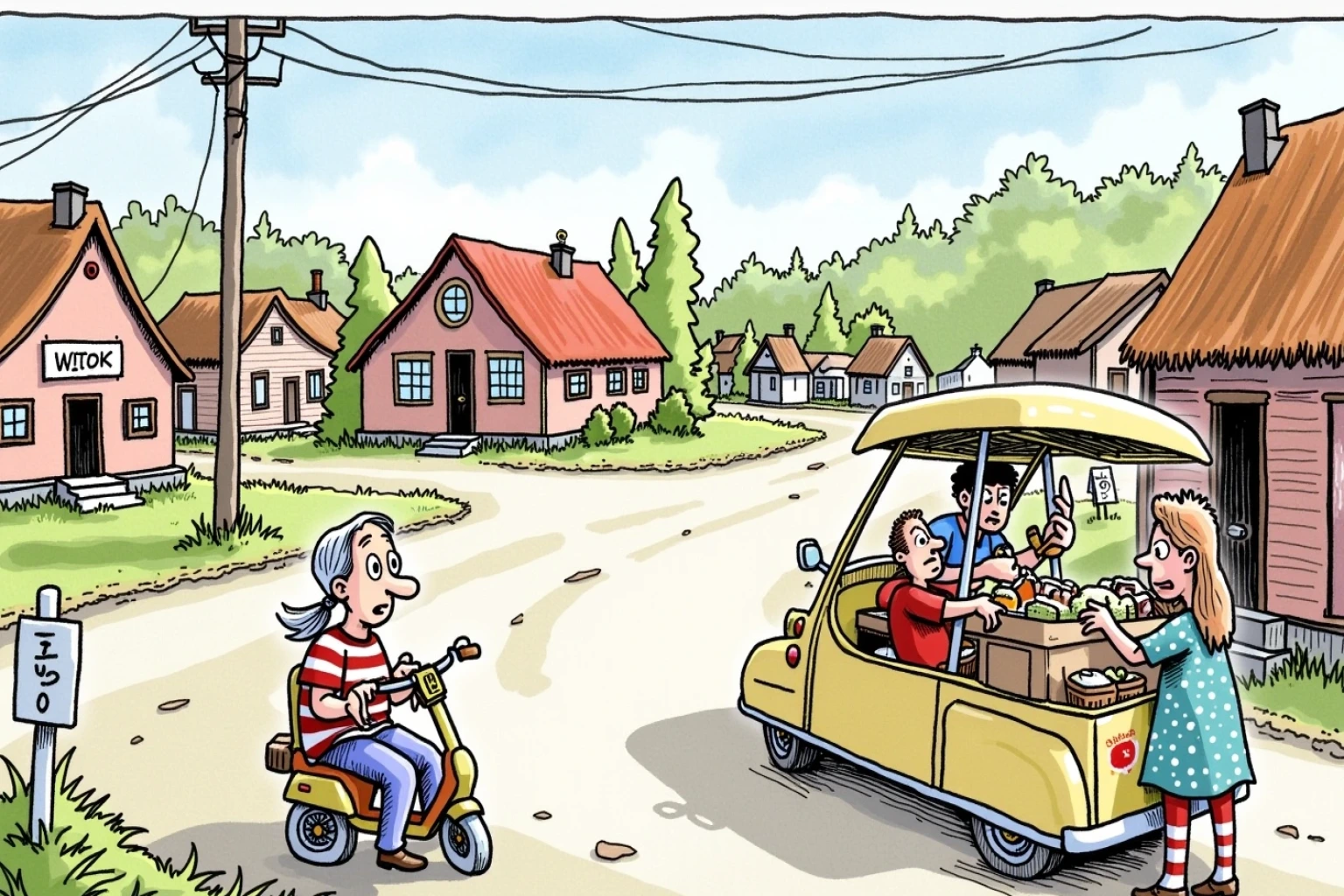 Illustrasjon til Almanakk og hendelse om Fredag 12. juni: Måleband, brun saus og uvanlig mye dokumentasjon: Bakomberg våknet til sol, svak lukt av våt grus ved Kaffediket og en bykjerne der alle påsto de ikke ville lage sak.