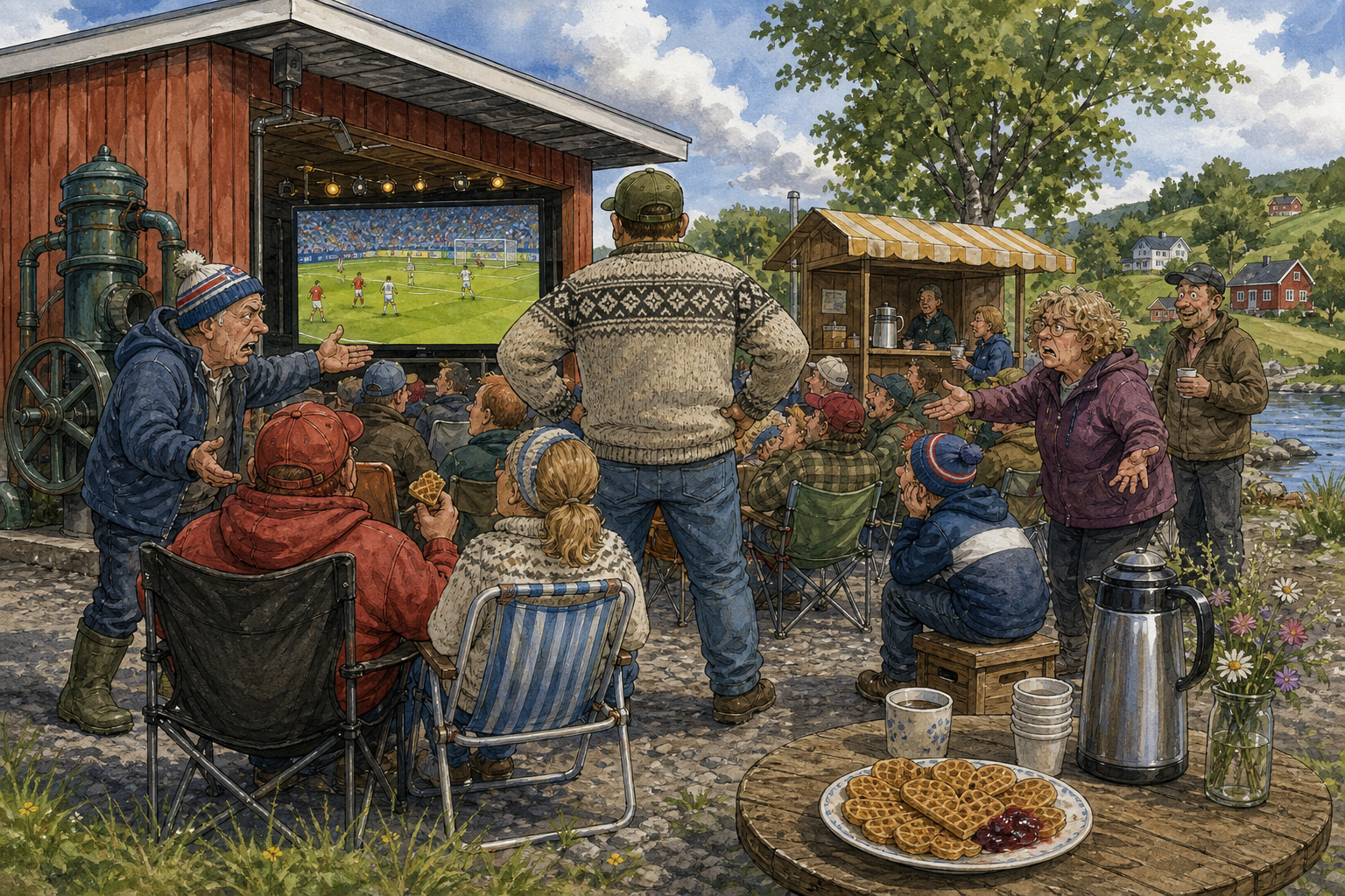 Tegnet hovedmotiv til saken VM-åpningen samlet bygda – men ikke alle fikk se ballen: VM-åpningen ble fulgt av fotballinteresserte i Bakomberg ved Kaffekroken ved Pumpehuset.