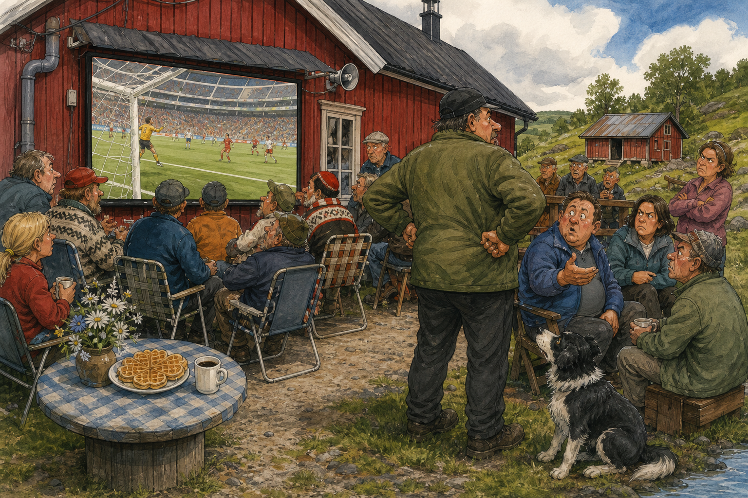 Tegnet støttemotiv til saken VM-åpningen samlet bygda – men ikke alle fikk se ballen: VM-åpningen ble fulgt av fotballinteresserte i Bakomberg ved Kaffekroken ved Pumpehuset.