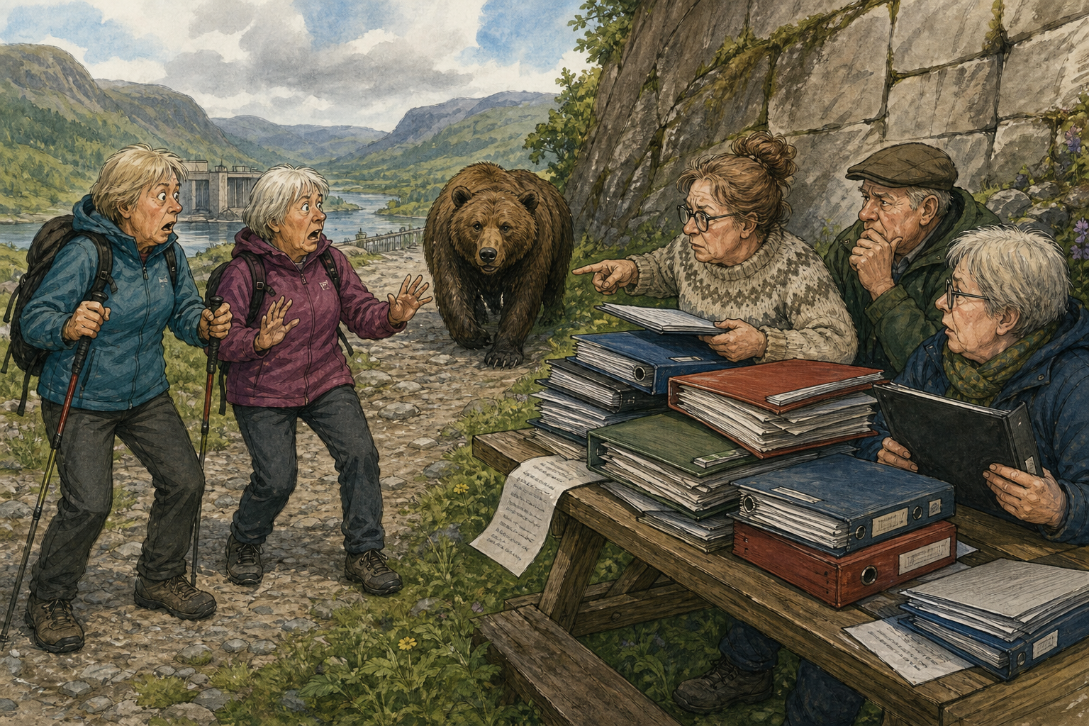 Tegnet hovedmotiv til saken Bjørn kom tett på turfølge ved Bibliotekveggen: Vigdis Hellemo og Hjørdis Melby fikk et nært møte med en bjørn ved Varmrista ved Bibliotekveggen tirsdag morgen.