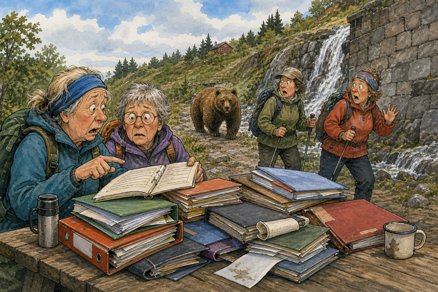 Tegnet støttemotiv til saken Bjørn kom tett på turfølge ved Bibliotekveggen: Vigdis Hellemo og Hjørdis Melby fikk et nært møte med en bjørn ved Varmrista ved Bibliotekveggen tirsdag morgen.