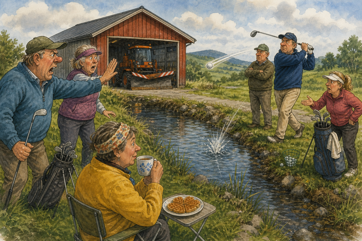 Tegnet hovedmotiv til saken Golfstrid ved Kaffediket: – Det er forskjell på kraft og beskjed: Golftreningen ved Kaffediket bak Brøytegarasjen har fått en ny praktisk utfordring: Begge sider mener den andre slår hardere enn nødvendig.