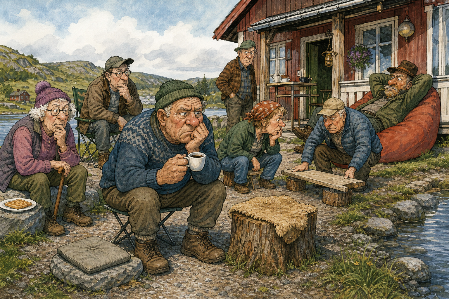 Tegnet hovedmotiv til saken Oddvar har begynt å se etter ny stol, men vil ikke si hvilken: Et oppslag om mulig pause i kafédriften ved Klukkhølet Ventehus har fått faste gjester til å undersøke nye sitteplasser med lav profil og høy alvorlighetsgrad.