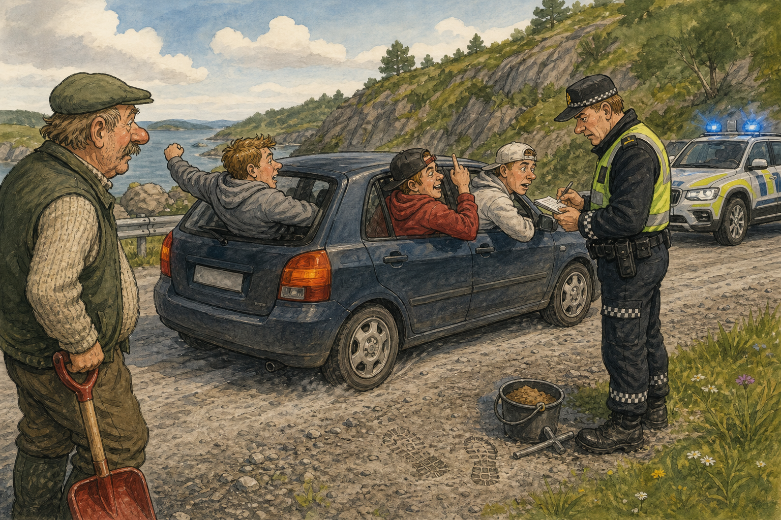 Tegnet hovedmotiv til saken Førerretten røk ved Klemmehella etter passasjerer hang ut av bilen: En ungdomsbil ble stanset ved Klemmehella under avviksskiltet etter at politiet observerte passasjerer som befant seg delvis utenfor bilen under kjøring.
