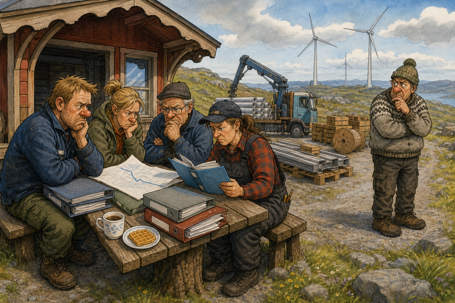 Tegnet hovedmotiv til saken Havvind-brems merkes i ordreboka på fjellet: Et havvind-vedtak langt fra Bakomberg har fått lokale underleverandører og pendlere til å avvente kurs, innkjøp og arbeidsplaner. Motivet knytter saken til Klukkhølet Ventehus og Kaffekjelen som Piper.